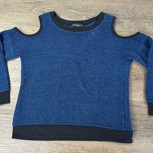 Sanctuary Women’s Black Blue Tweed Cold Shoulder Pullover Top, size smalll